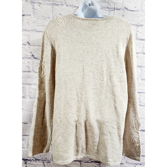 Allison Daley Beige Green Color Block Embroidered Sweater Top PM Long Sleeves - Picture 3 of 4